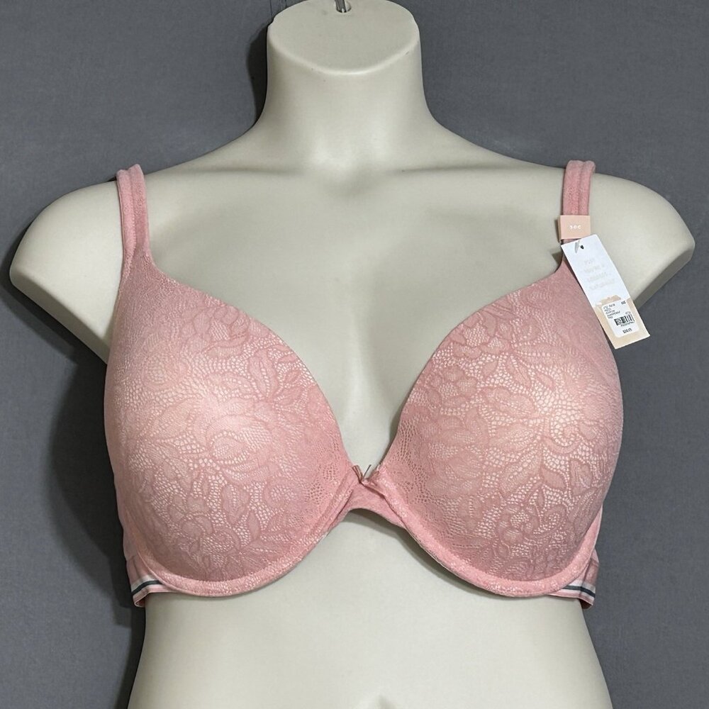 Cacique  Cotton Collection Boost Plunge Bra 50C Pink Lace Underwired Padded